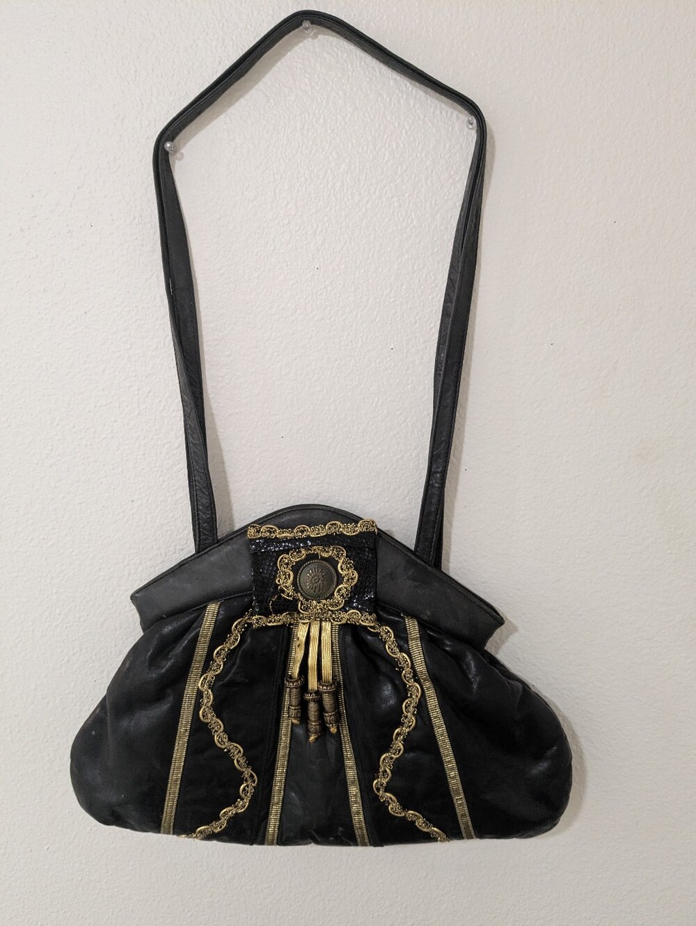 Black leather shoulder bag, New York New York, made in USA